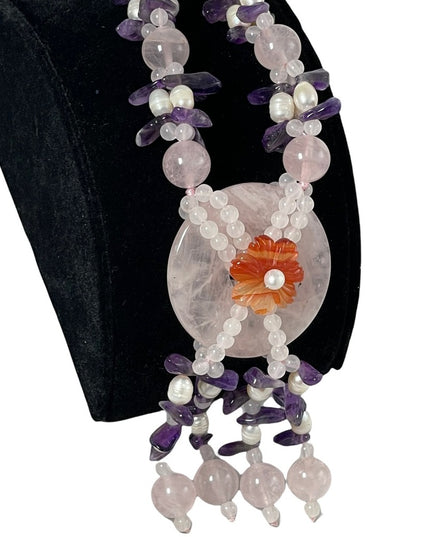 Amethyst Rose Quartz fresh water pearl chunky HEAVY Stone bead necklace