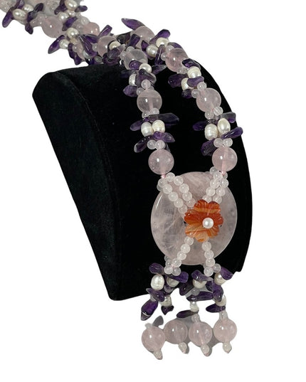 Amethyst Rose Quartz fresh water pearl chunky HEAVY Stone bead necklace