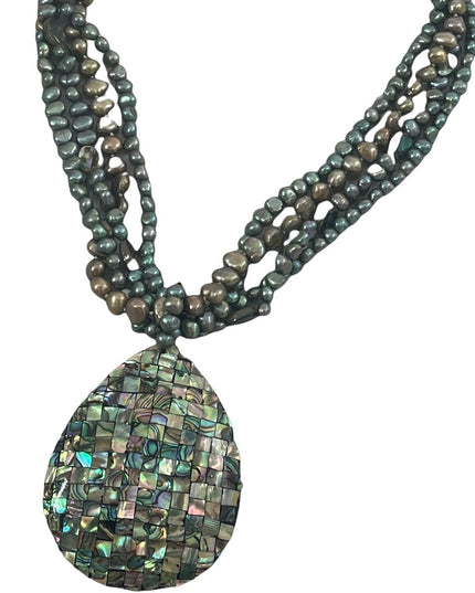 FRESH WATER PEARL & ABALONE bead LG tear drop pendant necklace
