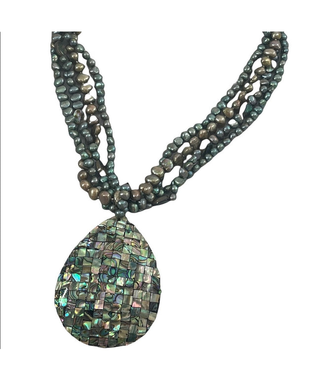 FRESH WATER PEARL & ABALONE bead LG tear drop pendant necklace