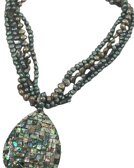 FRESH WATER PEARL & ABALONE bead LG tear drop pendant necklace