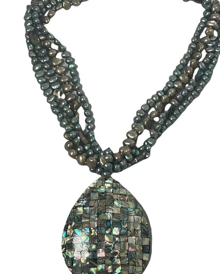 FRESH WATER PEARL & ABALONE bead LG tear drop pendant necklace