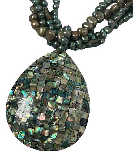 FRESH WATER PEARL & ABALONE bead LG tear drop pendant necklace