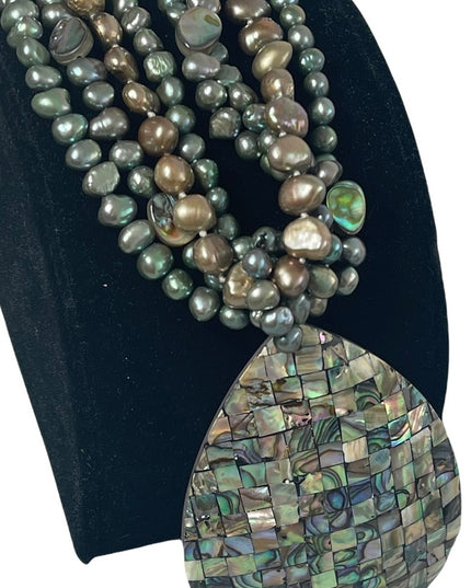 FRESH WATER PEARL & ABALONE bead LG tear drop pendant necklace