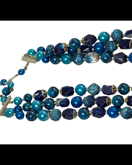 Vintage triple strand blue faux pearl speckle lucite bead necklace