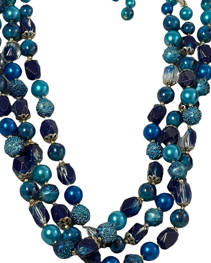 Vintage triple strand blue faux pearl speckle lucite bead necklace