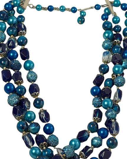 Vintage triple strand blue faux pearl speckle lucite bead necklace