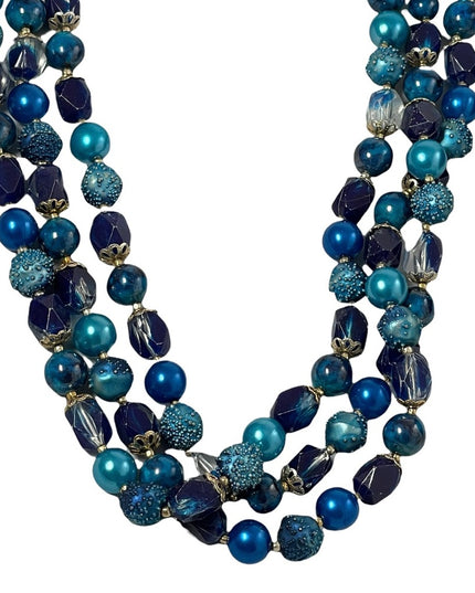 Vintage triple strand blue faux pearl speckle lucite bead necklace