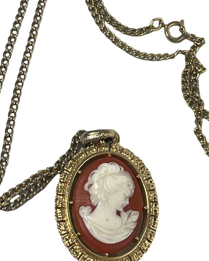 Vintage Large resin Cameo pendant necklace gold finish