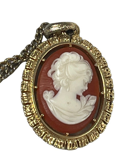 Vintage Large resin Cameo pendant necklace gold finish