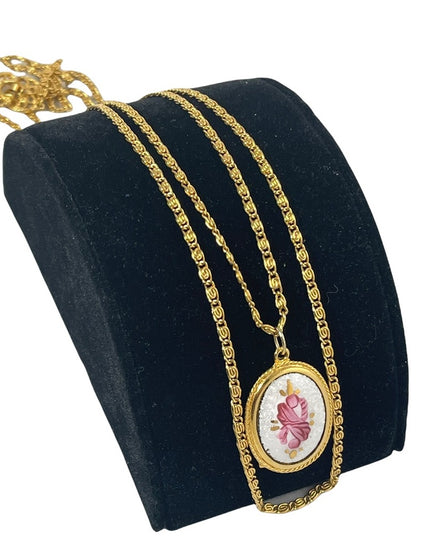 Vintage Goldette NY gold hand painted Guilloche pendant 2 strand LONG necklace