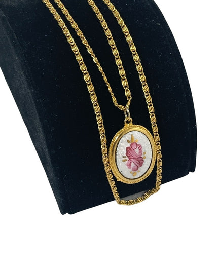 Vintage Goldette NY gold hand painted Guilloche pendant 2 strand LONG necklace