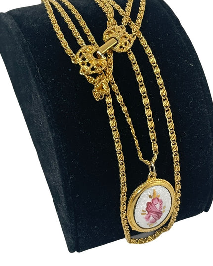 Vintage Goldette NY gold hand painted Guilloche pendant 2 strand LONG necklace