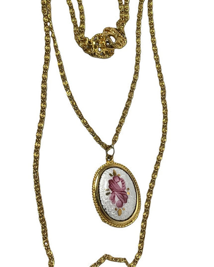 Vintage Goldette NY gold hand painted Guilloche pendant 2 strand LONG necklace