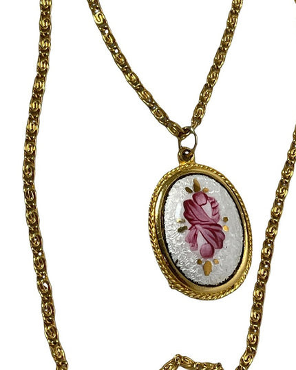 Vintage Goldette NY gold hand painted Guilloche pendant 2 strand LONG necklace