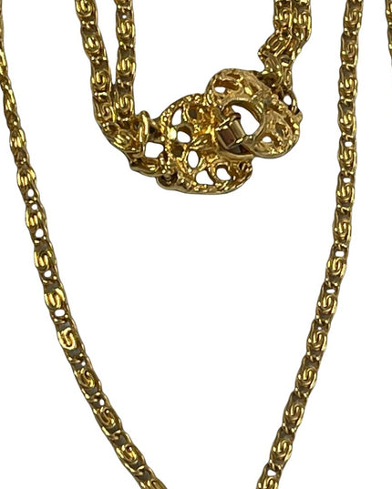 Vintage Goldette NY gold hand painted Guilloche pendant 2 strand LONG necklace
