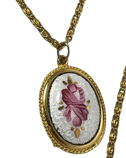 Vintage Goldette NY gold hand painted Guilloche pendant 2 strand LONG necklace