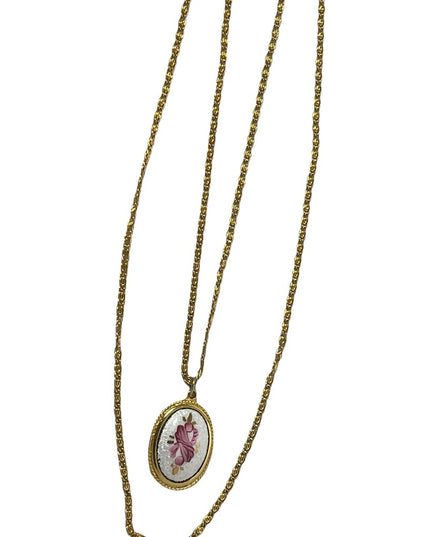 Vintage Goldette NY gold hand painted Guilloche pendant 2 strand LONG necklace