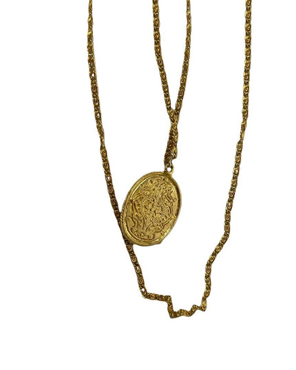 Vintage Goldette NY gold hand painted Guilloche pendant 2 strand LONG necklace