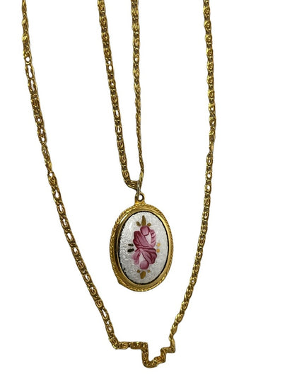 Vintage Goldette NY gold hand painted Guilloche pendant 2 strand LONG necklace