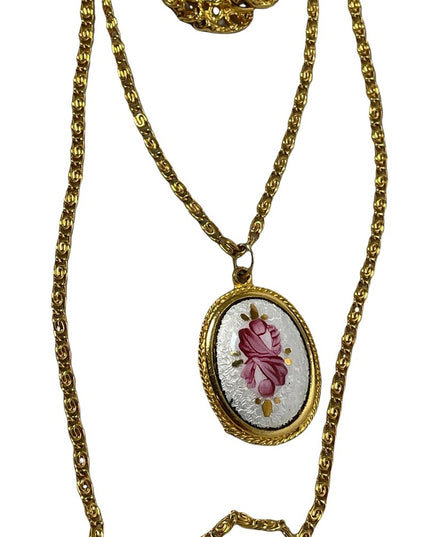 Vintage Goldette NY gold hand painted Guilloche pendant 2 strand LONG necklace