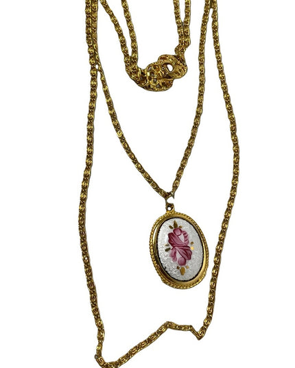 Vintage Goldette NY gold hand painted Guilloche pendant 2 strand LONG necklace
