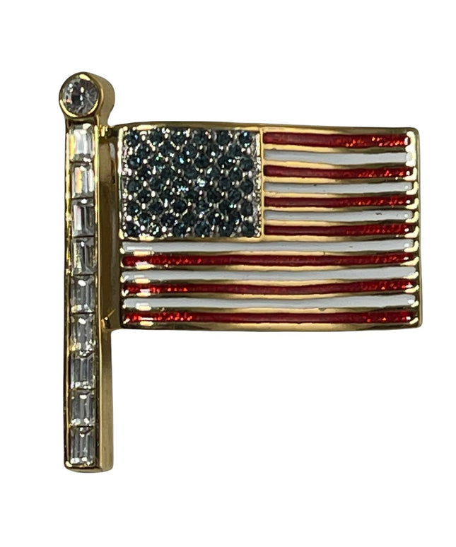 Vintage 1980s BUTLER rhinestone enameled USA flag gold finish brooch FAC