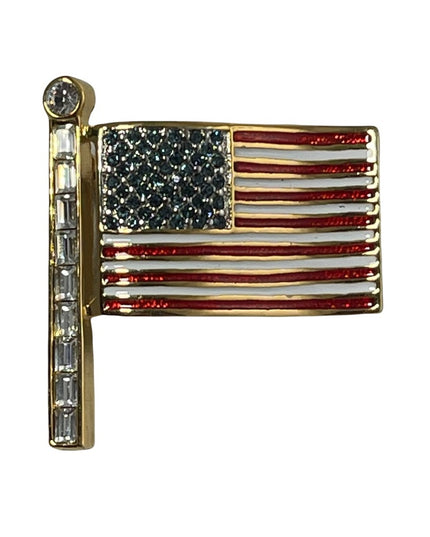 Vintage 1980s BUTLER rhinestone enameled USA flag gold finish brooch FAC