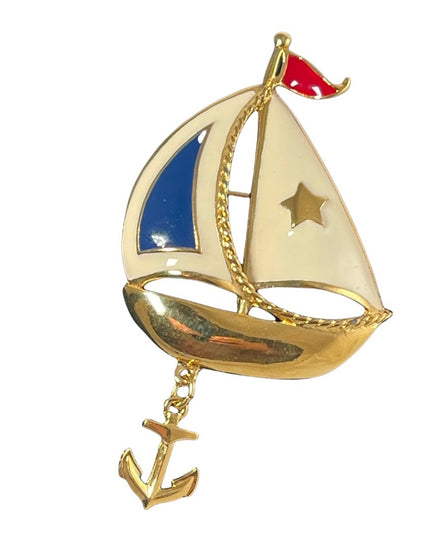 Vintage 1980s Nautical Sailboat gold finish brooch with anchor