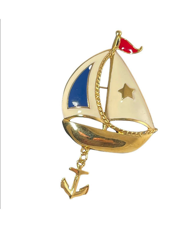 Vintage 1980s Nautical Sailboat gold finish brooch with anchor