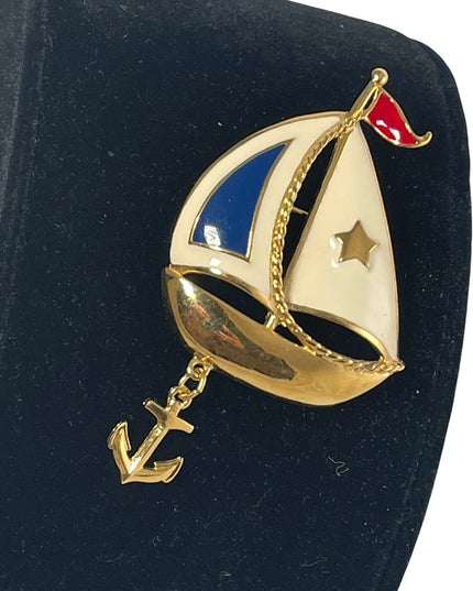 Vintage 1980s Nautical Sailboat gold finish brooch with anchor