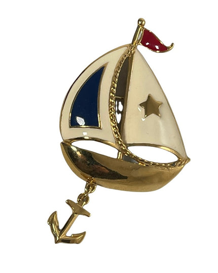 Vintage 1980s Nautical Sailboat gold finish brooch with anchor