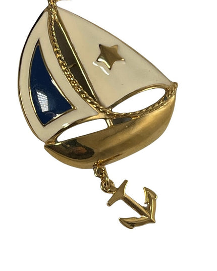 Vintage 1980s Nautical Sailboat gold finish brooch with anchor