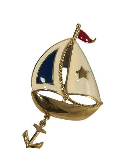 Vintage 1980s Nautical Sailboat gold finish brooch with anchor