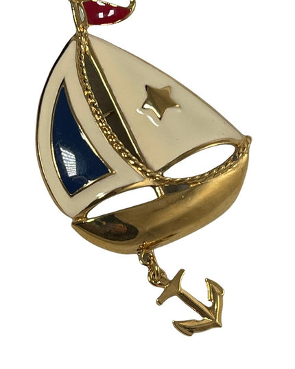 Vintage 1980s Nautical Sailboat gold finish brooch with anchor