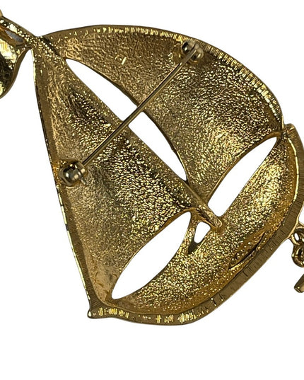 Vintage 1980s Nautical Sailboat gold finish brooch with anchor
