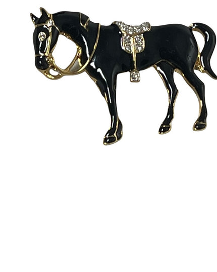 Vintage 1980s D Orlan  Black enamel rhinestone horse brooch