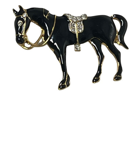 Vintage 1980s D Orlan  Black enamel rhinestone horse brooch