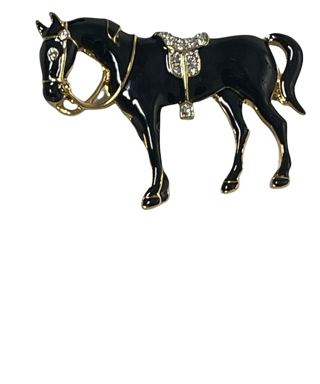 Vintage 1980s D Orlan  Black enamel rhinestone horse brooch