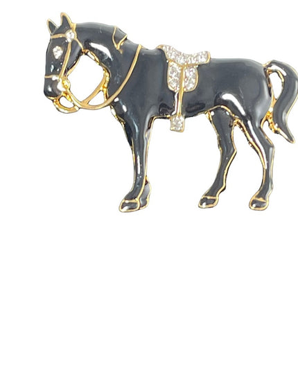 Vintage 1980s D Orlan  Black enamel rhinestone horse brooch