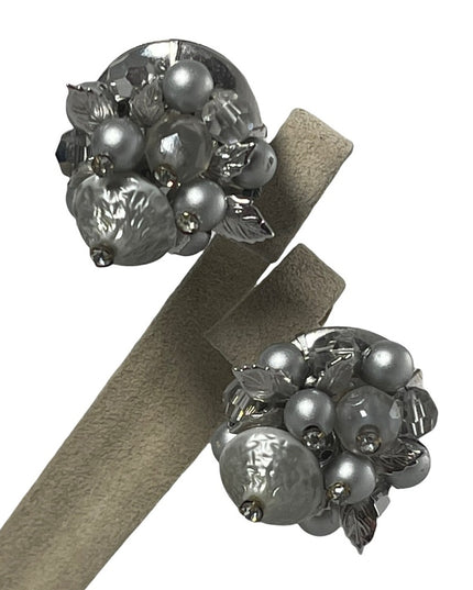 Vintage 1960s Silver faux pearl crystal & lucite bead clip on earrings VENDOME