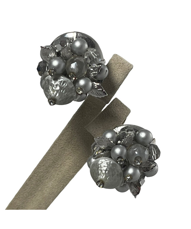 Vintage 1960s Silver faux pearl crystal & lucite bead clip on earrings VENDOME