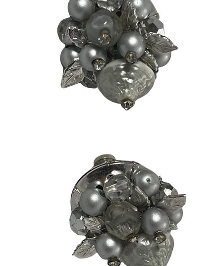 Vintage 1960s Silver faux pearl crystal & lucite bead clip on earrings VENDOME