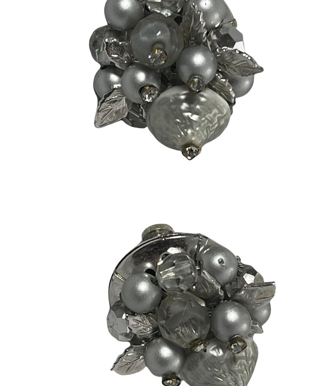 Vintage 1960s Silver faux pearl crystal & lucite bead clip on earrings VENDOME