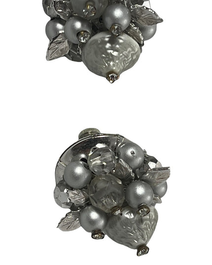 Vintage 1960s Silver faux pearl crystal & lucite bead clip on earrings VENDOME