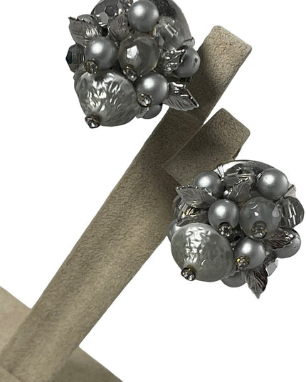 Vintage 1960s Silver faux pearl crystal & lucite bead clip on earrings VENDOME