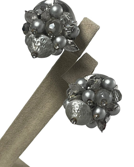 Vintage 1960s Silver faux pearl crystal & lucite bead clip on earrings VENDOME