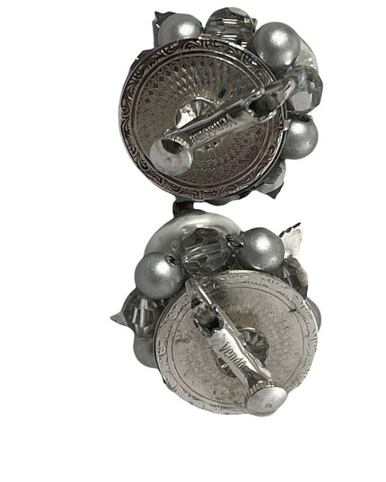 Vintage 1960s Silver faux pearl crystal & lucite bead clip on earrings VENDOME