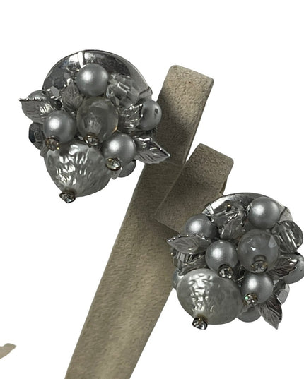 Vintage 1960s Silver faux pearl crystal & lucite bead clip on earrings VENDOME