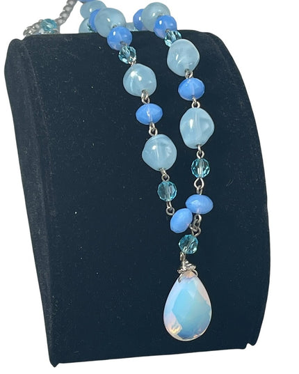 Opalescent faceted moonstone crystal with blue glass italian bead link necklace